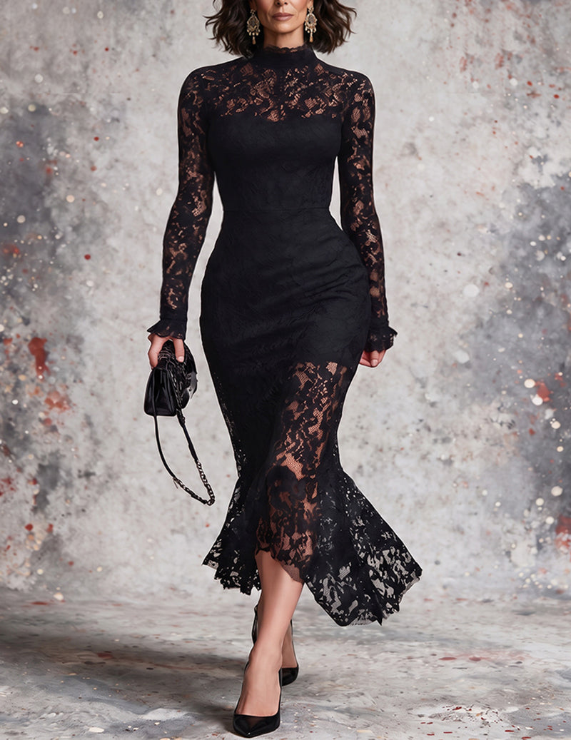 Lace Maxi Dress Long Sleeve Sheer Floral Lace Evening Gown Formal Dress