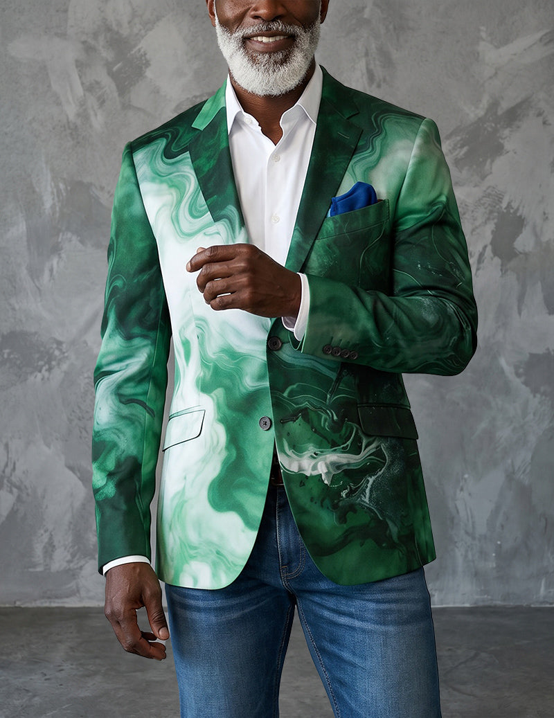 Men's green marble-print slim fit blazer with swirl pattern, notched lapels