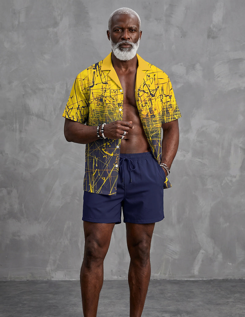 Men's Hawaiian Shirt and Shorts Set Abstract Wave Print Outfit