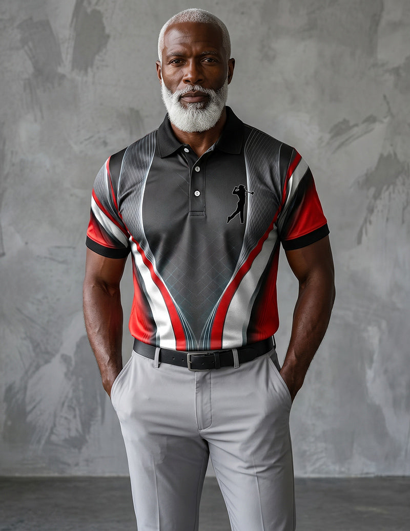 Men's slim fit golf polo shirt, dark with red white geometric panels, short sleeves