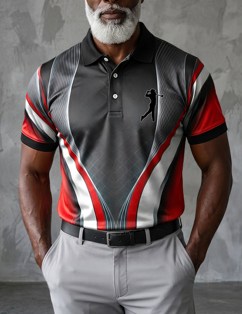 Men's golf polo shirt close-up, dark knit with red white stripe panels and chest logo