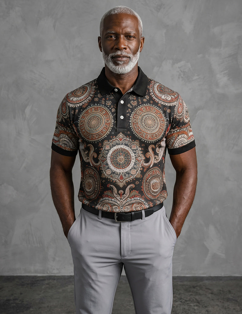 Black slim-fit golf polo with ornate mandala paisley print, short sleeves, button placket