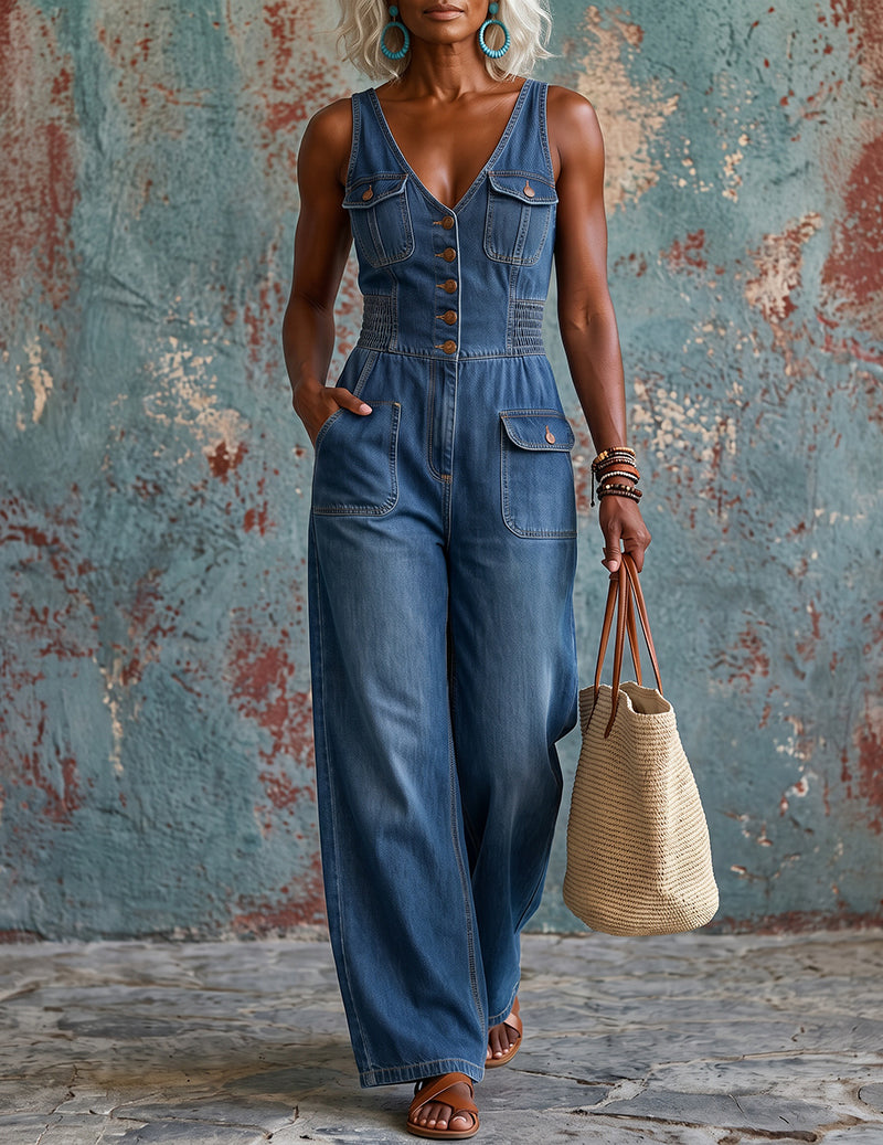Light blue denim V-neck sleeveless jumpsuit with wide legs and front pockets