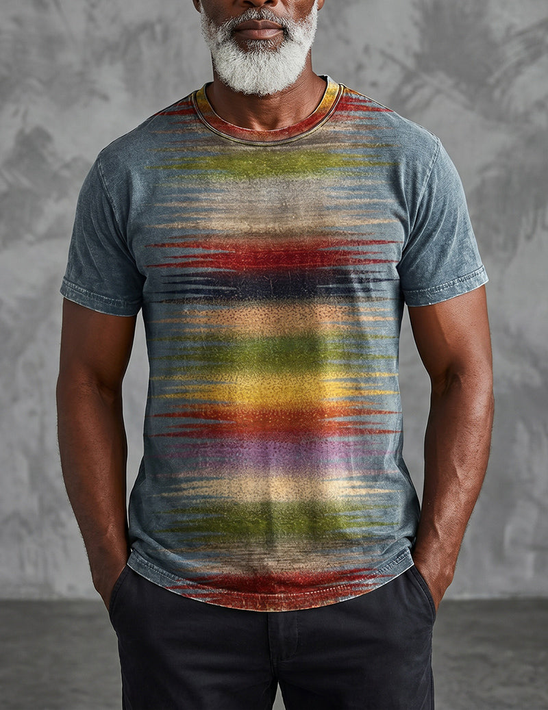 Men's vintage graphic T-shirt in dark blue with rainbow distressed horizontal stripes, crew neck