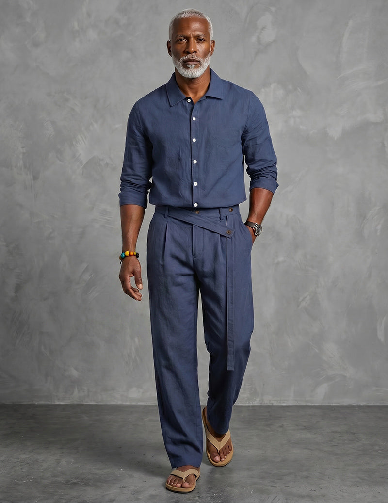 Navy mandarin-collar long-sleeve shirt and belted pants set, full-length