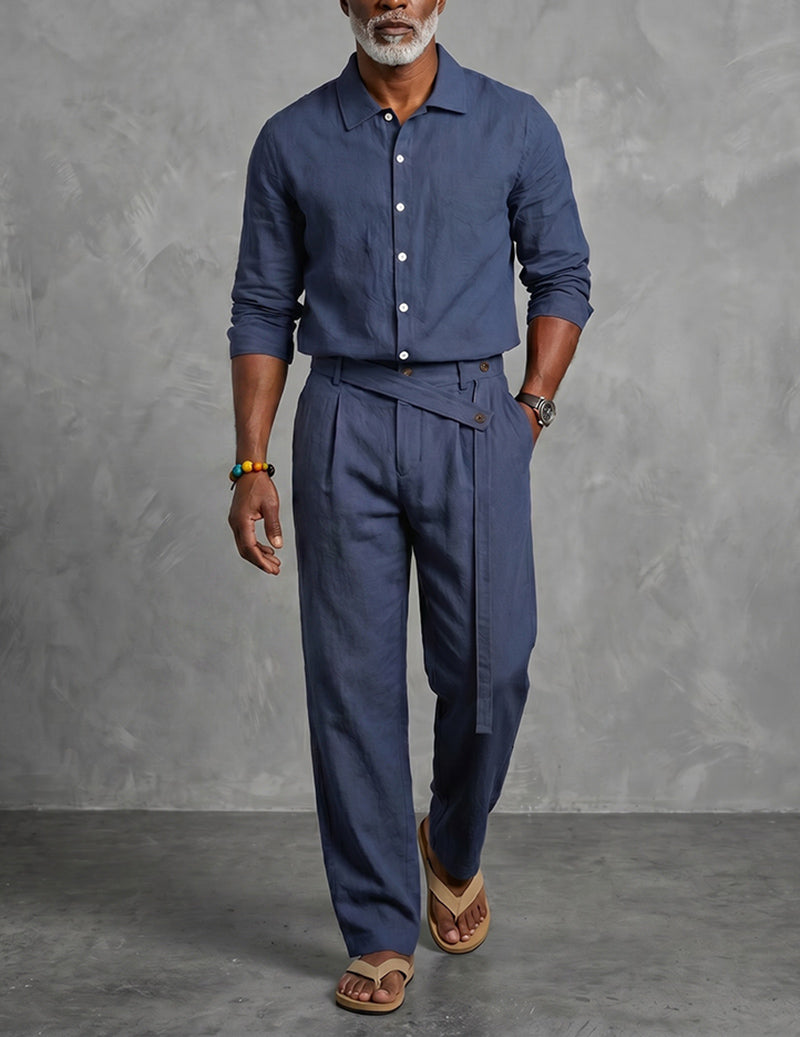Navy linen two-piece set with mandarin-collar long-sleeve shirt and belted pants