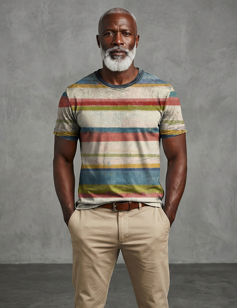 Men's distressed graphic crew-neck T-shirt, multicolor horizontal stripe print