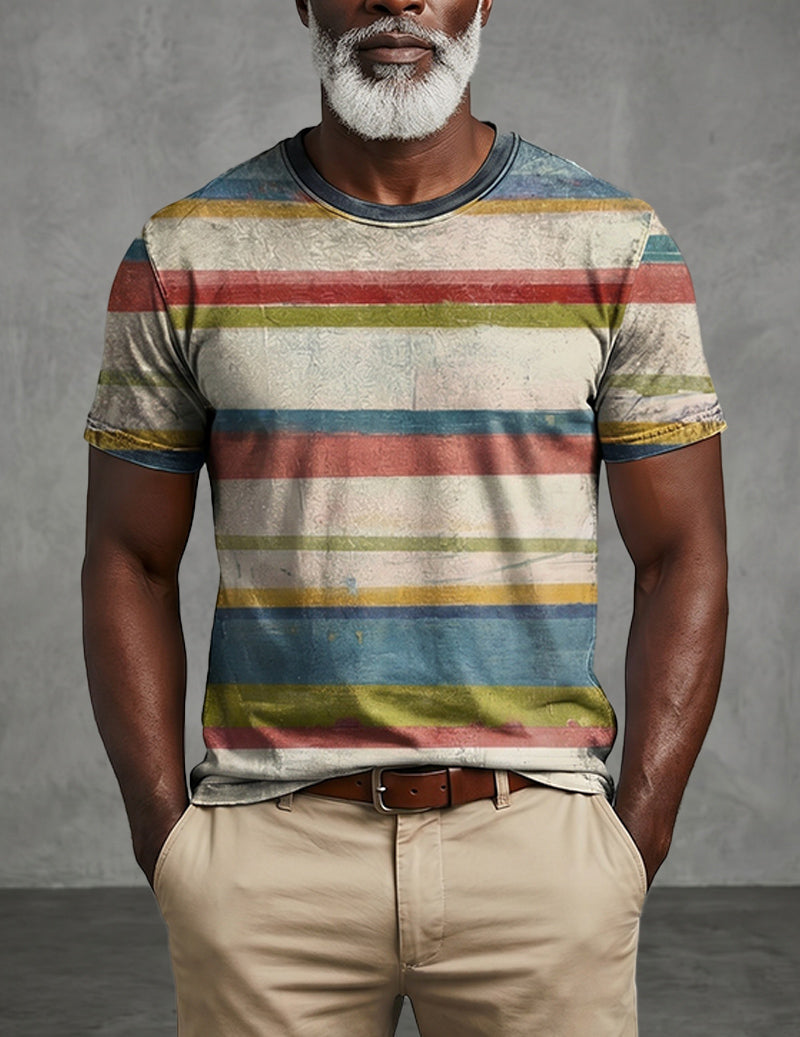 Men's distressed graphic crew-neck T-shirt, multicolor horizontal stripe print