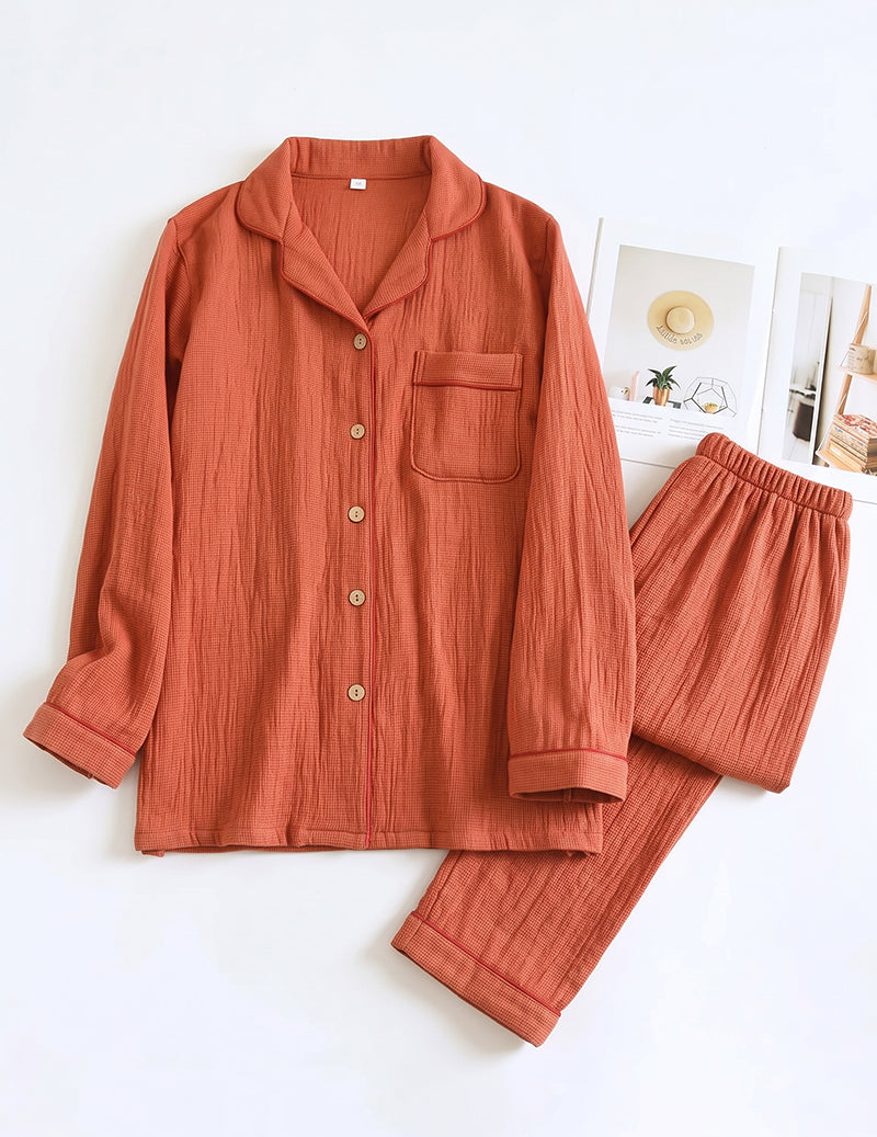 Red cotton plaid gauze pajama set, long-sleeve button shirt and matching drawstring pants