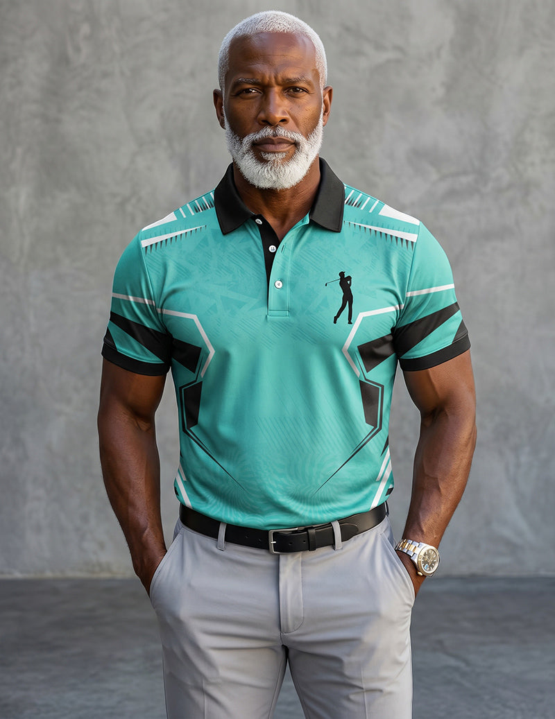 Men's turquoise polo shirt with black-trim sleeves and small chest silhouette graphic