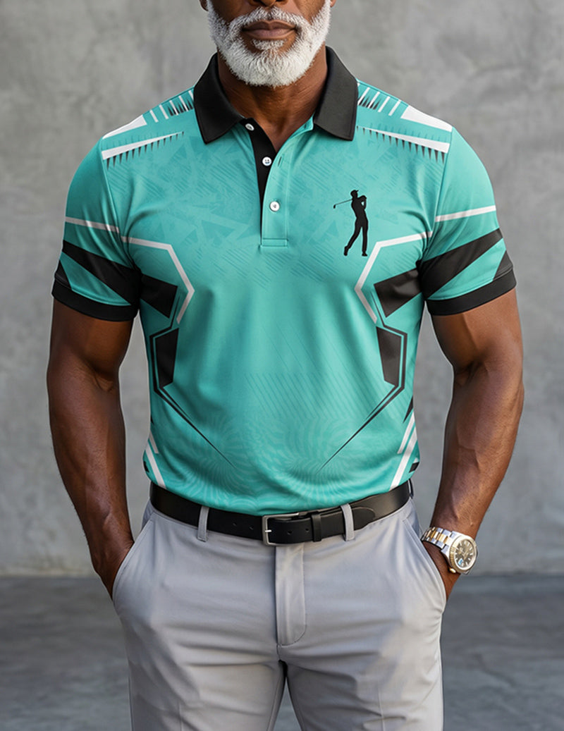 Men's turquoise slim-fit polo shirt with black collar and geometric chest graphic