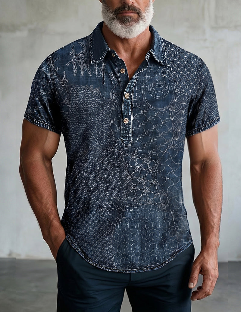 Men's short-sleeve navy polo shirt with circular and geometric pattern