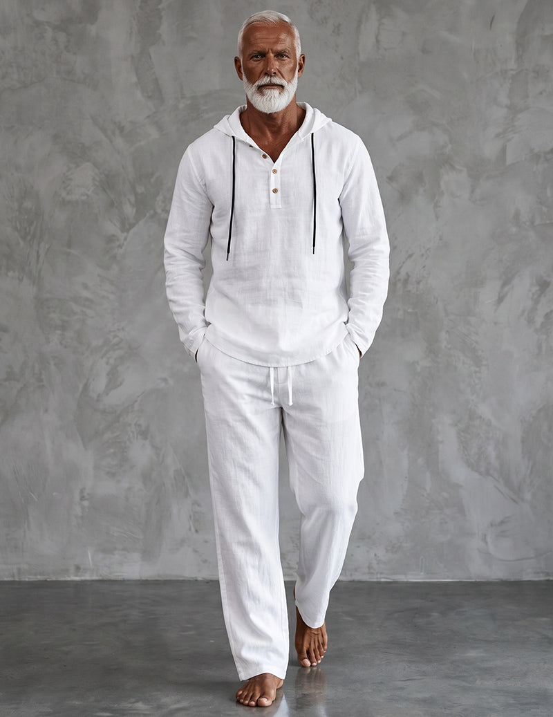 Men's Cotton Linen Hooded Shirt Wide-Leg Drawstring Pants Set