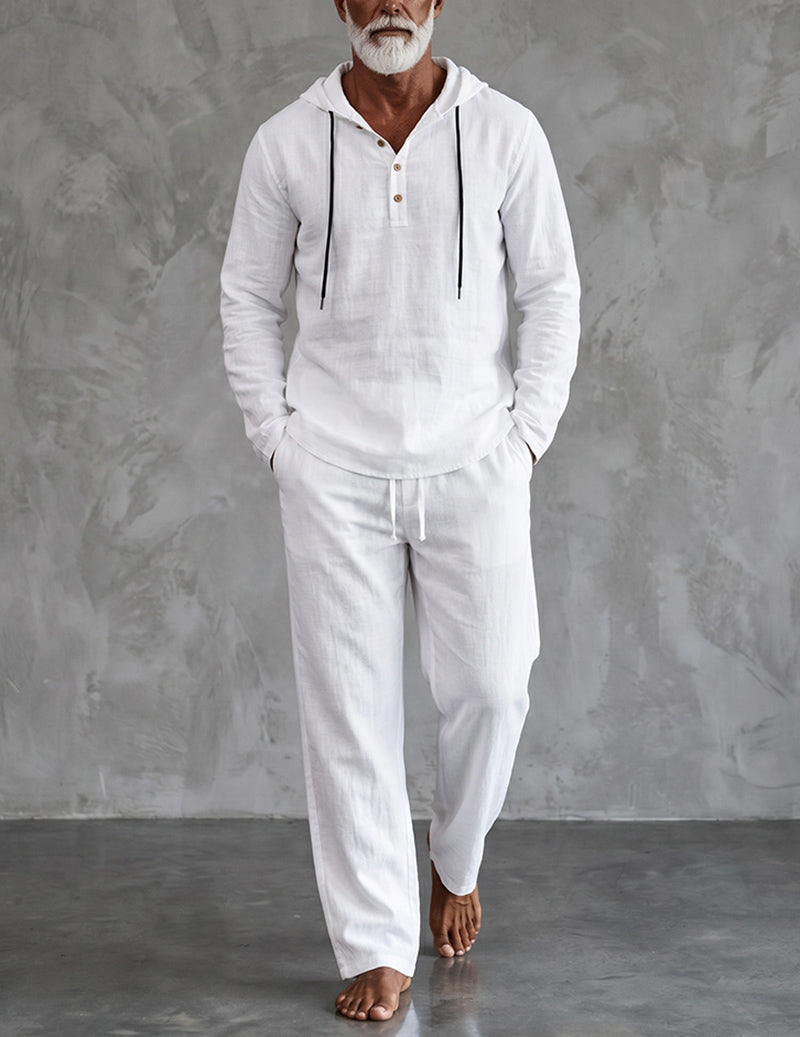 Men's Cotton Linen Hooded Shirt Wide-Leg Drawstring Pants Set