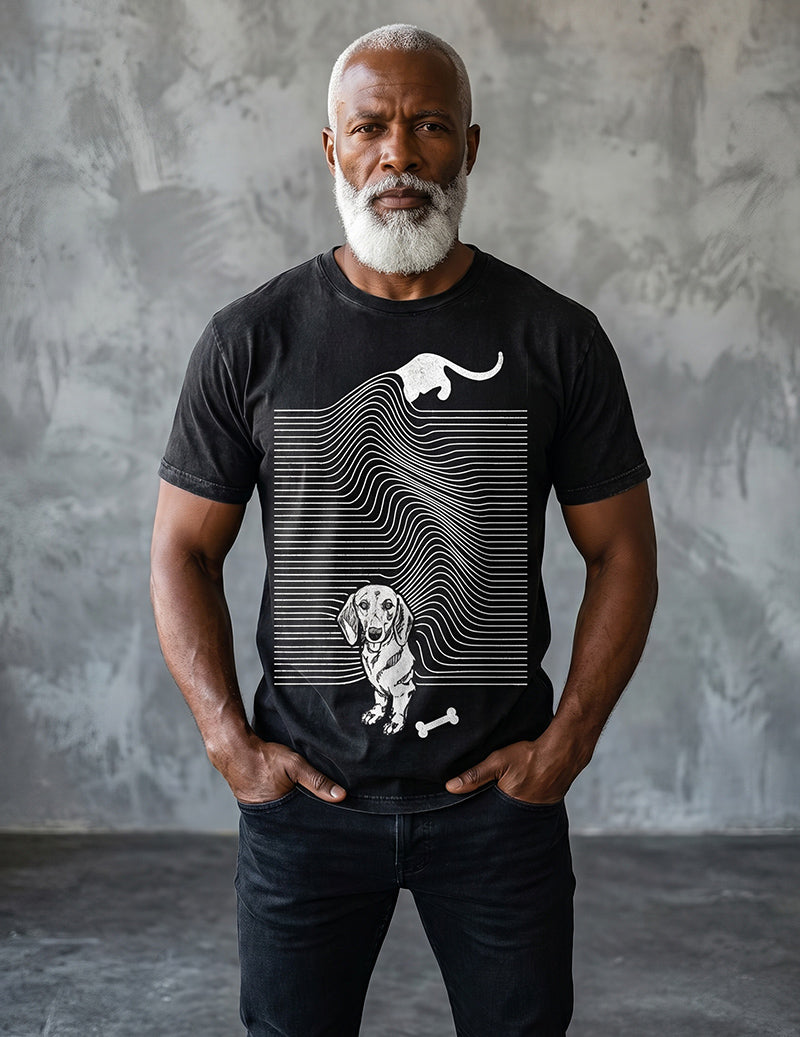 Men's distressed graphic crew-neck T-shirt, black with white dog and contour lines