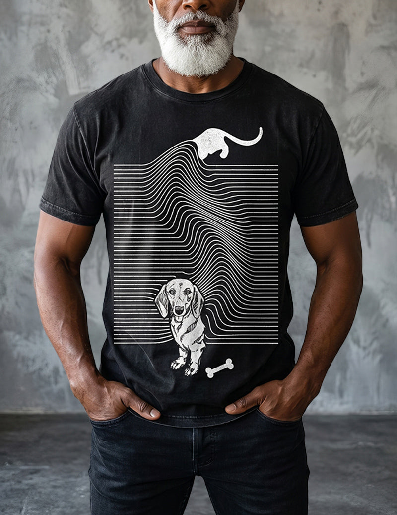 Men's vintage distressed black crew-neck T-shirt with large dog graphic