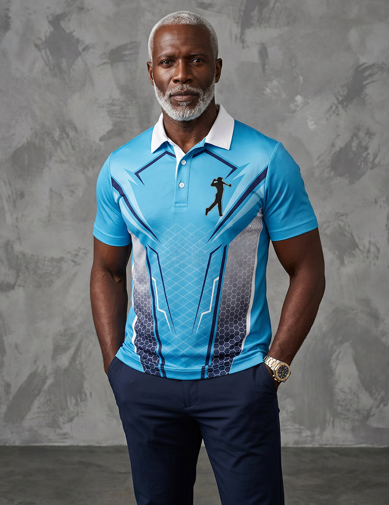 Light blue slim-fit golf polo with geometric front print, button placket, white collar