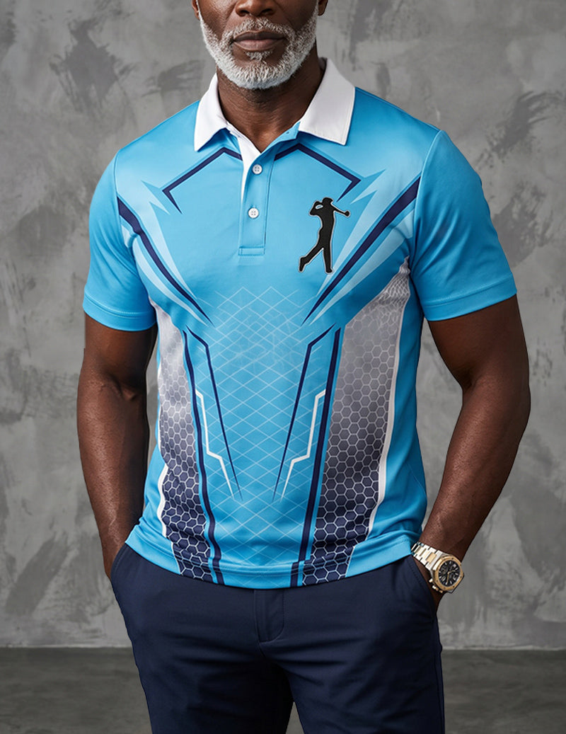 Light blue slim-fit golf polo with geometric graphic front and white collar