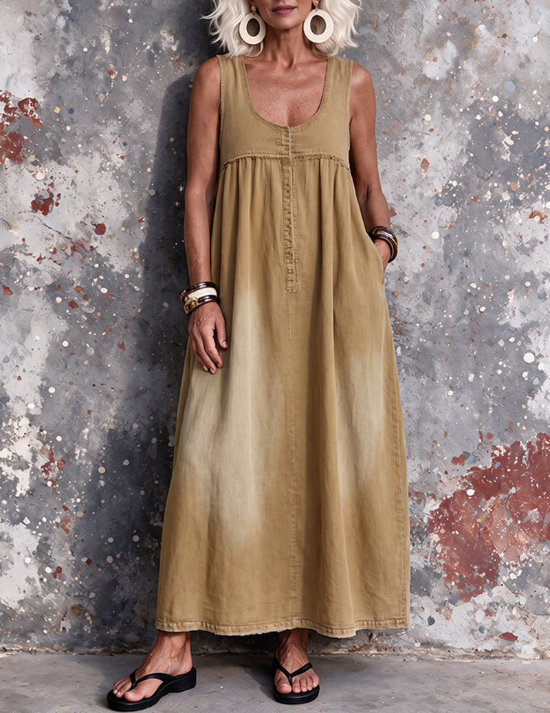 Olive maxi overall dress with square neckline, sleeveless and gathered button-front top