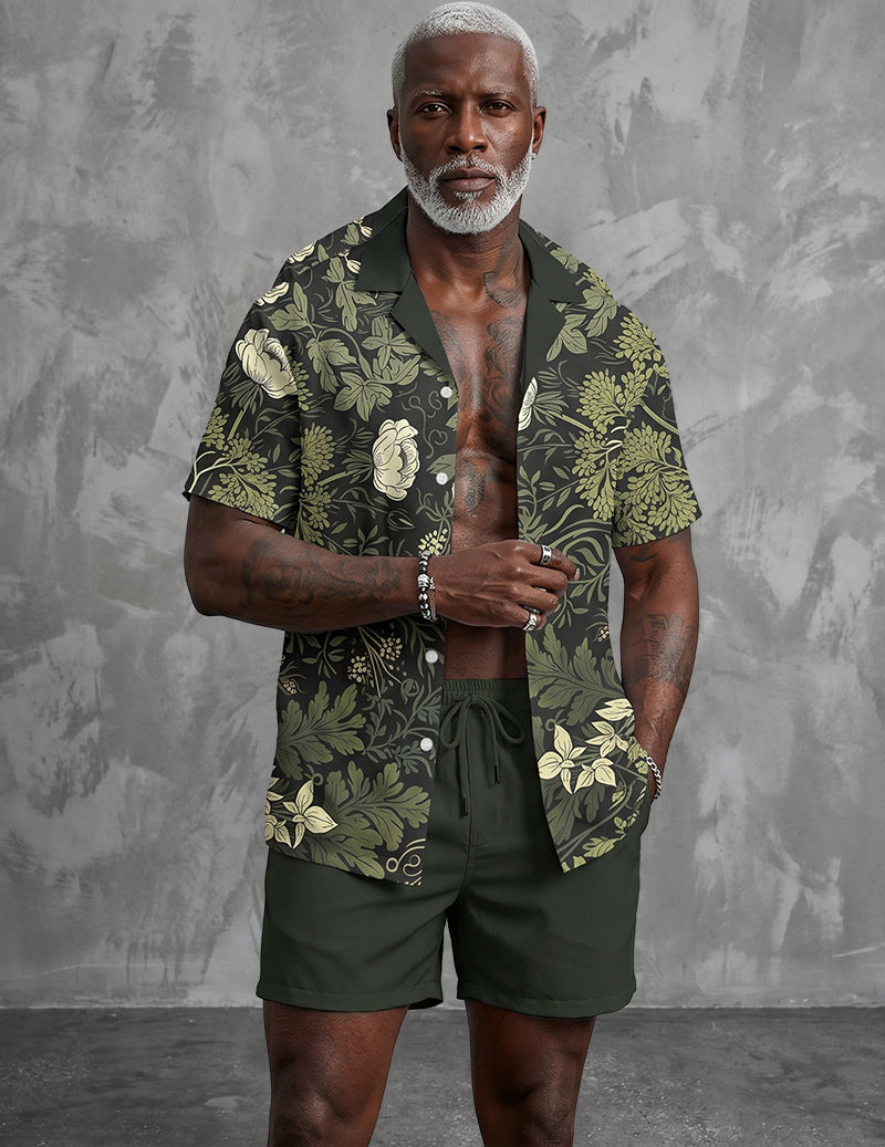 Hawaiian shirt and shorts set, dark green leaf-and-flower print.