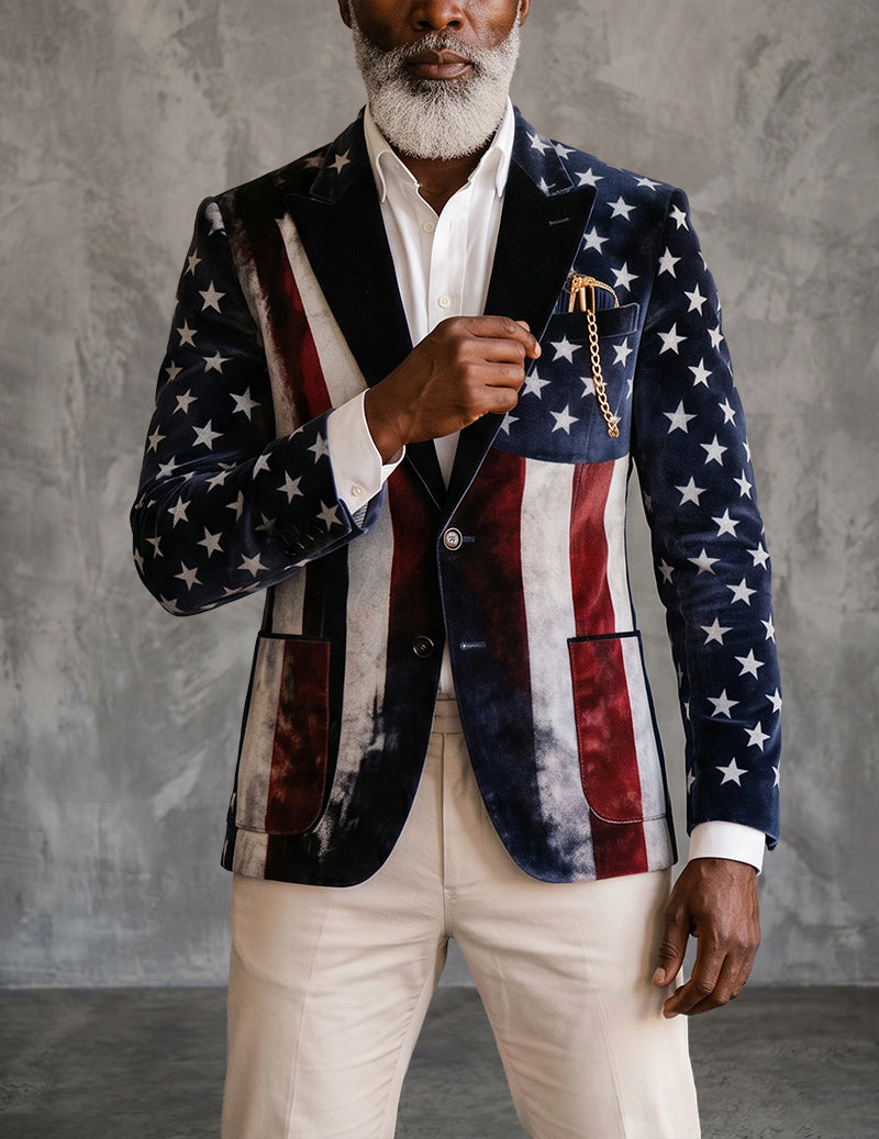 Men's velvet blazer with American flag stars and stripes, slim fit, dark navy