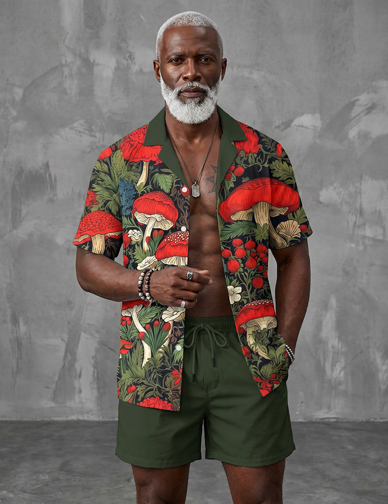 Hawaiian shirt and shorts set, red tropical print with dark green shorts.