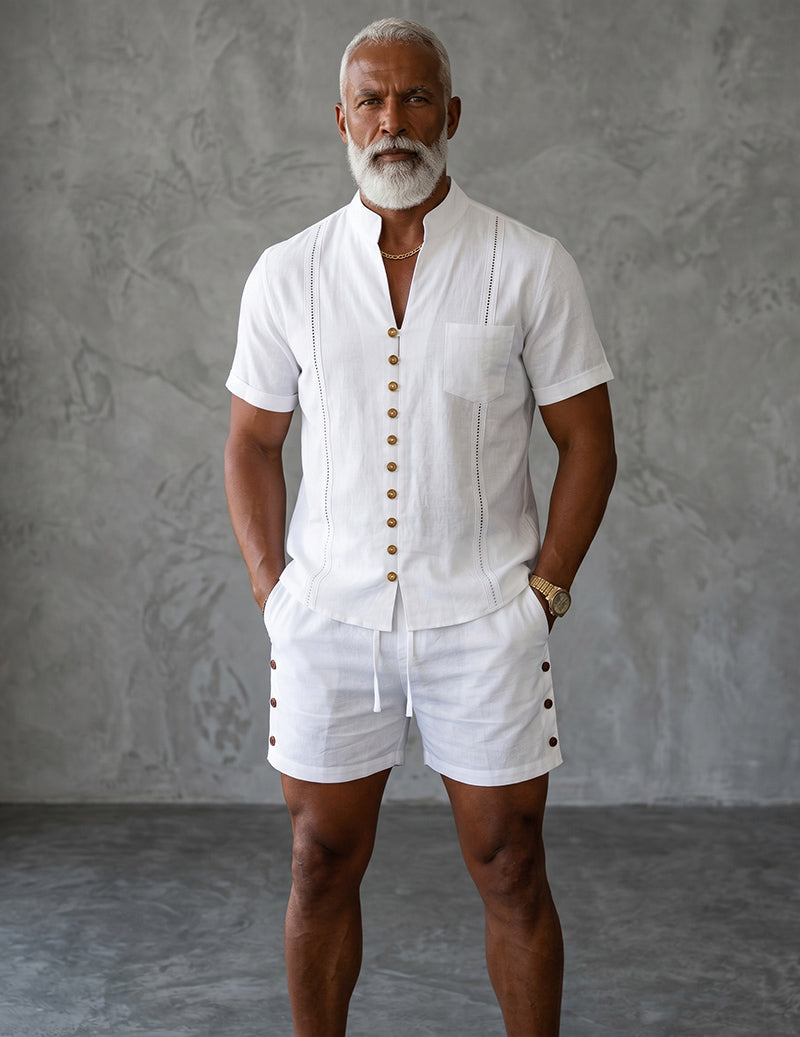 White mandarin-collar short-sleeve shirt and matching shorts set with button front