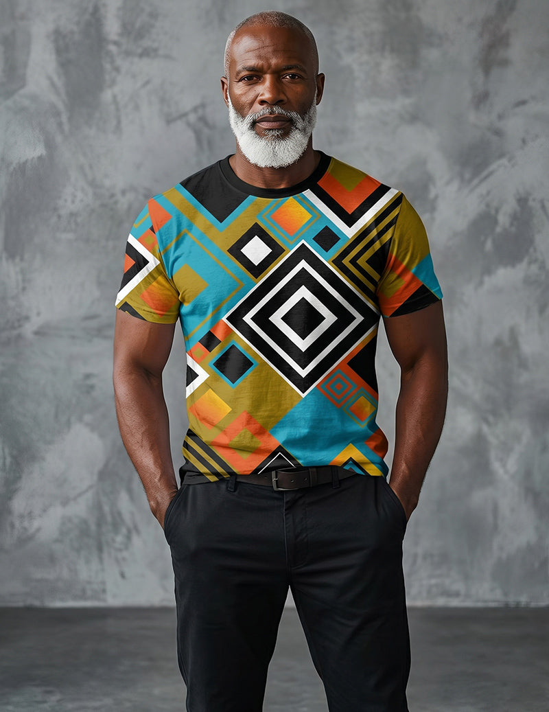 Men's distressed graphic crew-neck T-shirt, multicolor geometric diamond print on black