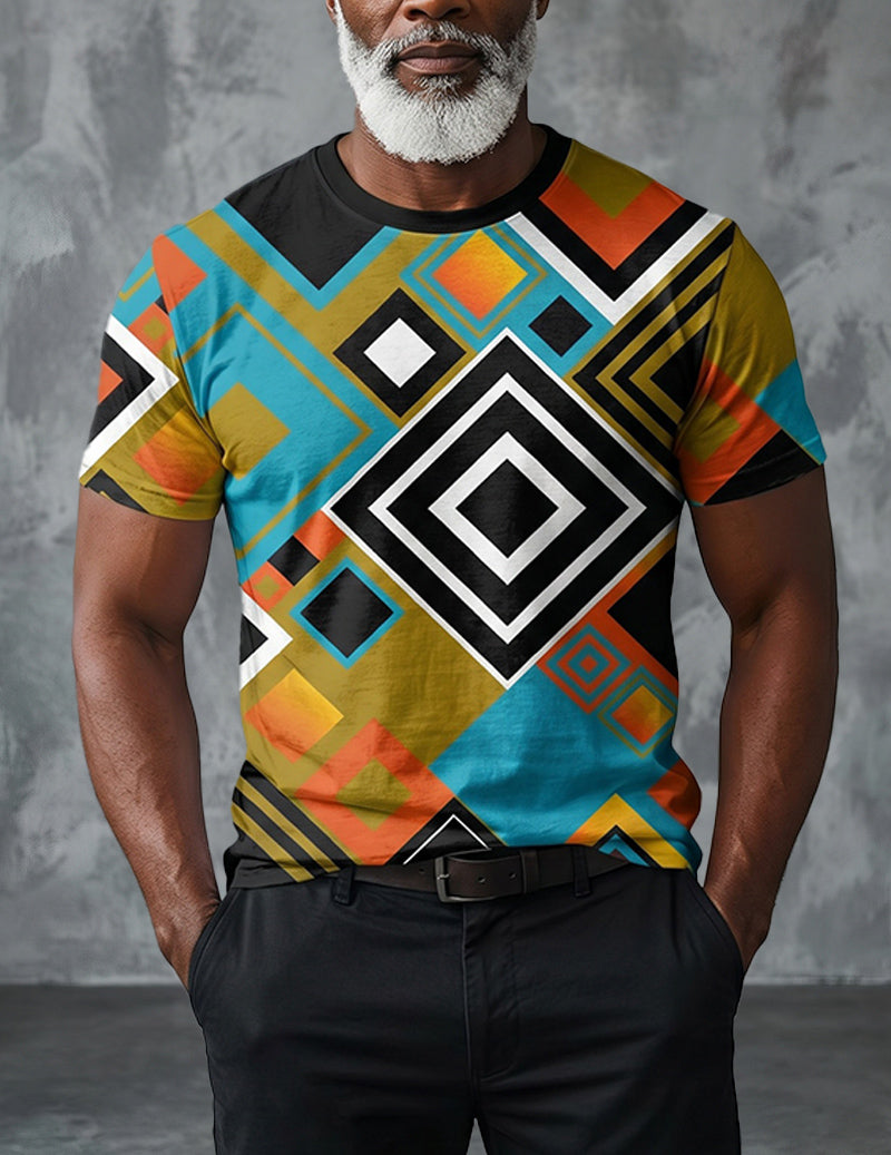 Men's vintage distressed crew-neck T-shirt with colorful geometric diamond pattern