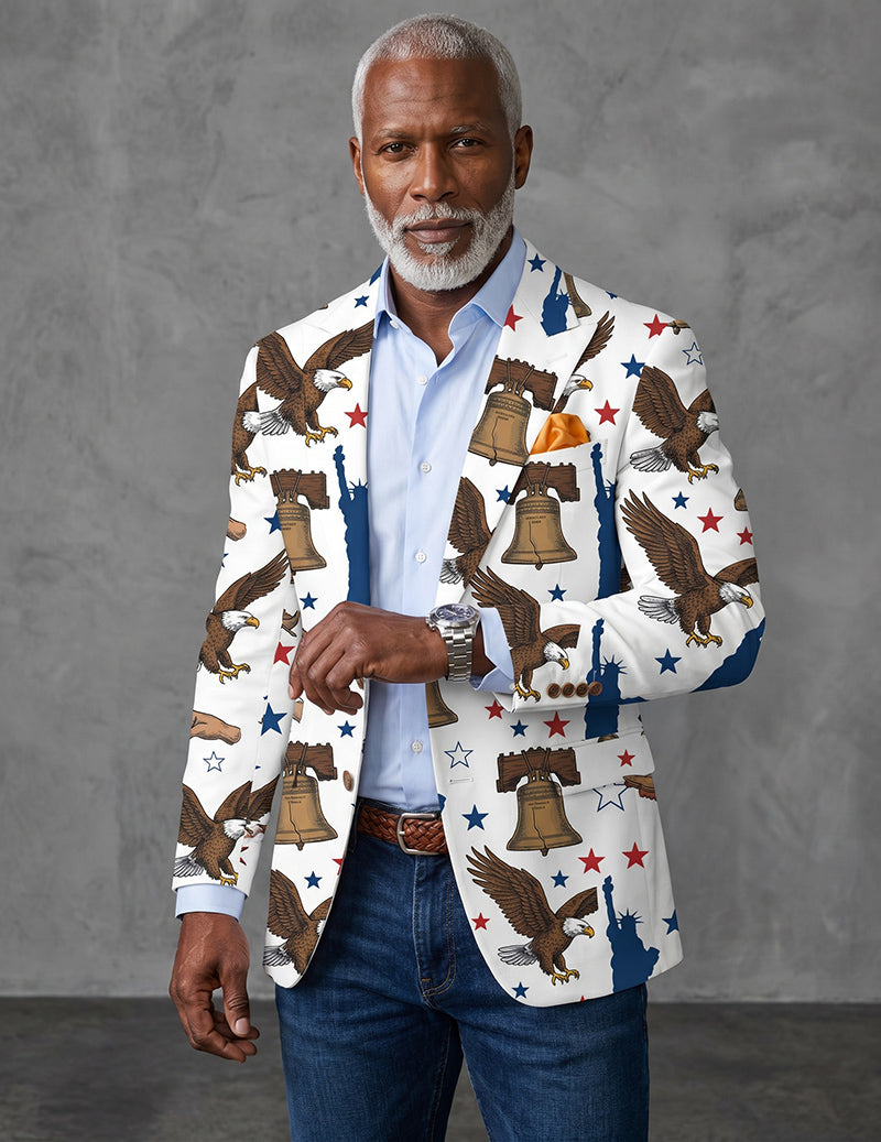 Men's Eagle Liberty Bell Blazer – American Flag Stars Novelty Print Slim Fit Jacket