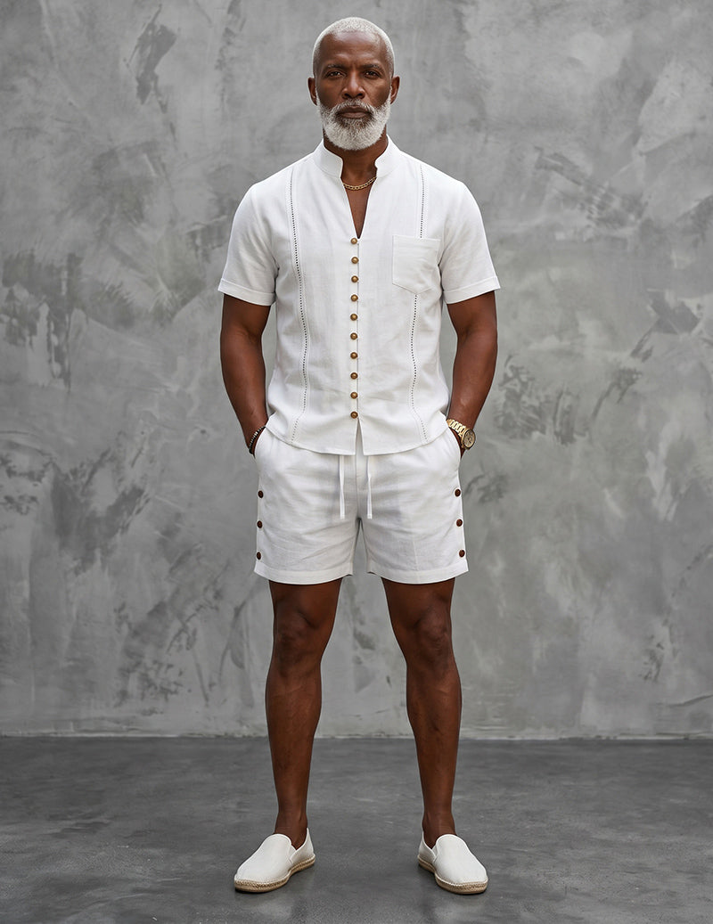 White mandarin-collar shirt and shorts set with knee-length shorts and button placket