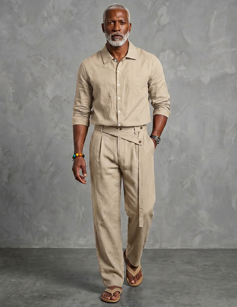 Khaki mandarin-collar long-sleeve shirt and belted pants set