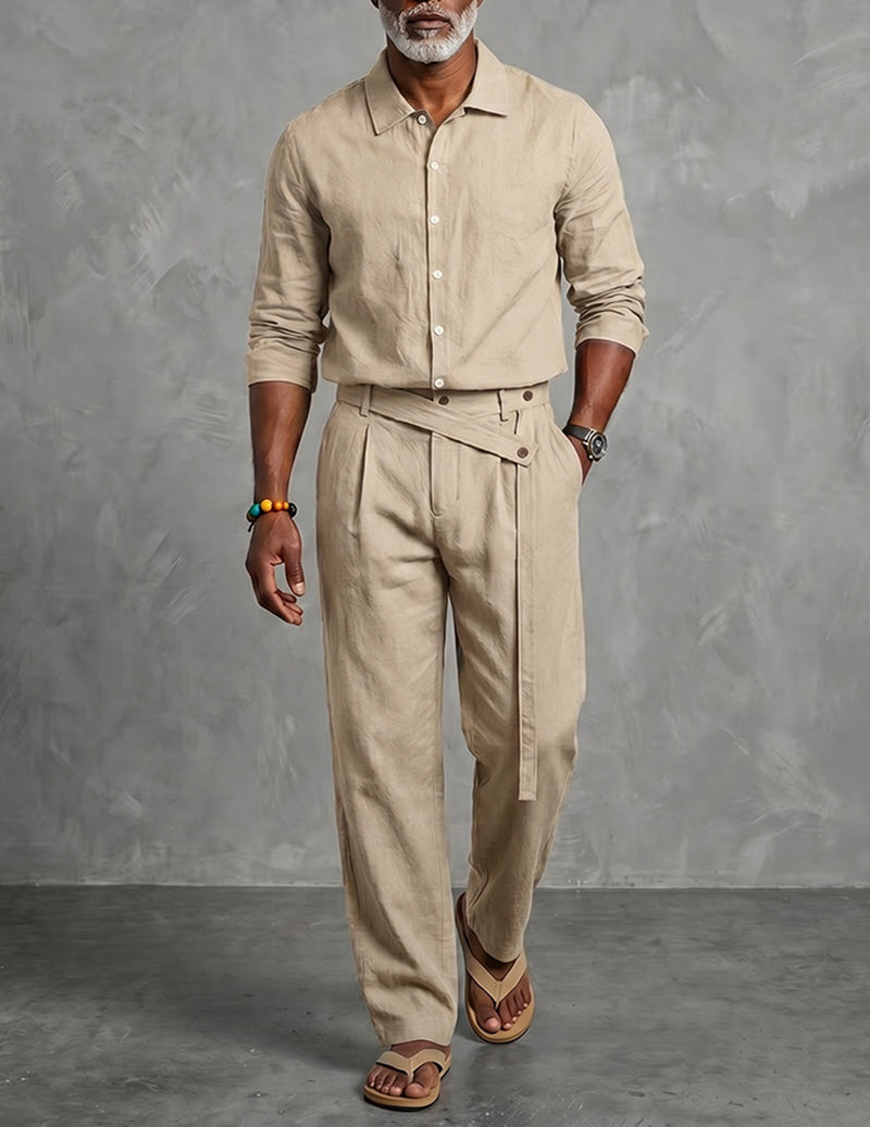Khaki linen mandarin-collar long-sleeve shirt with belted pants two-piece set