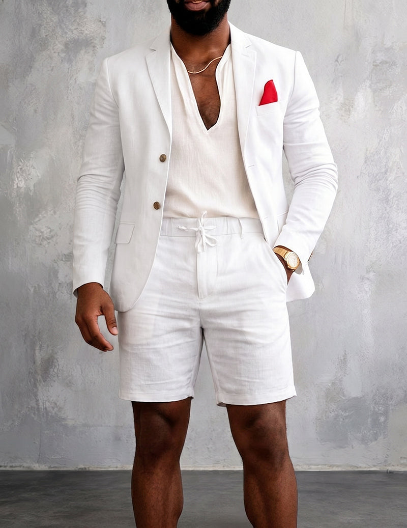 Men’s Cotton Linen Double-Breasted Blazer & Shorts Set