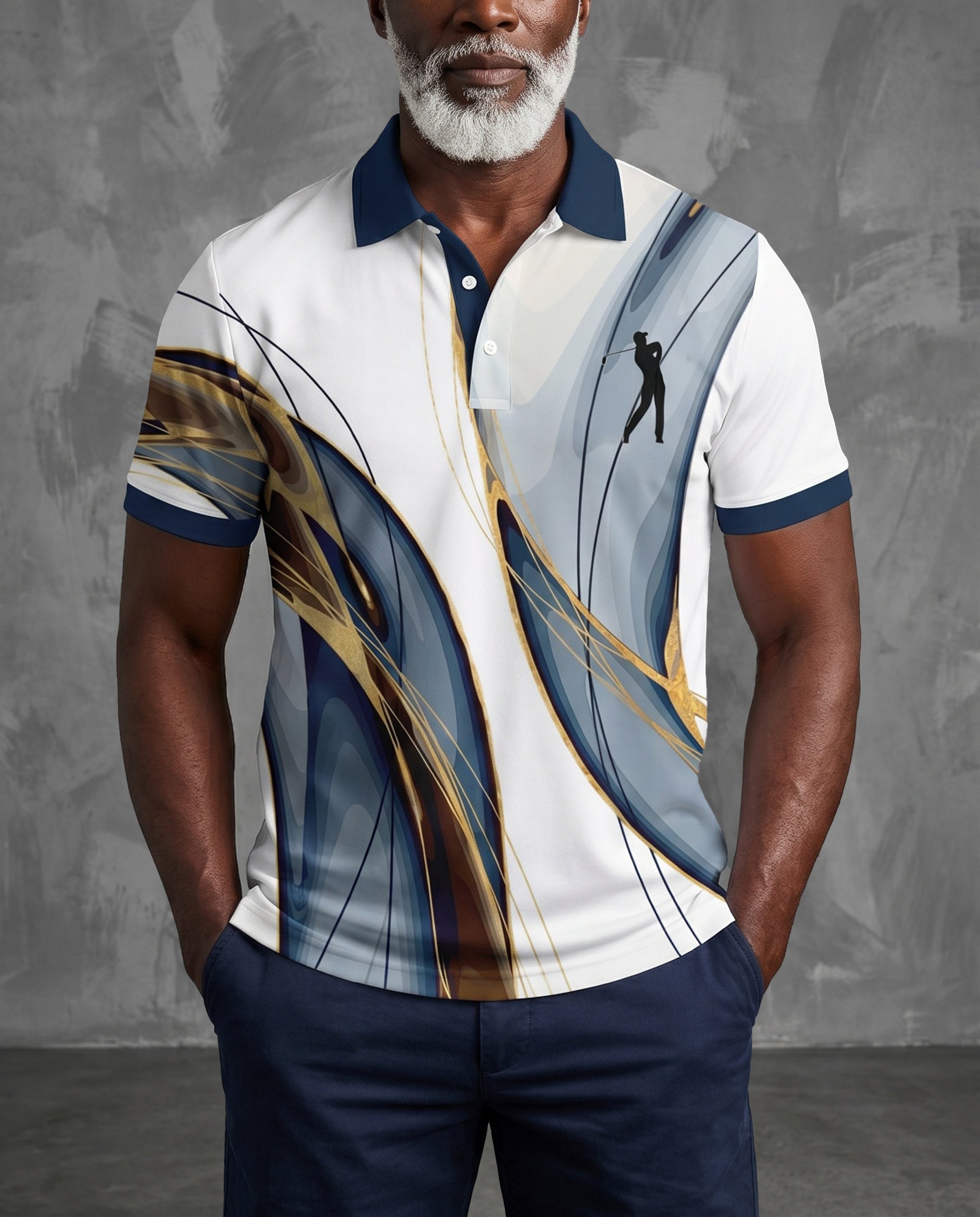 Men's slim-fit golf polo shirt, white with abstract gold and blue swirl, navy trim