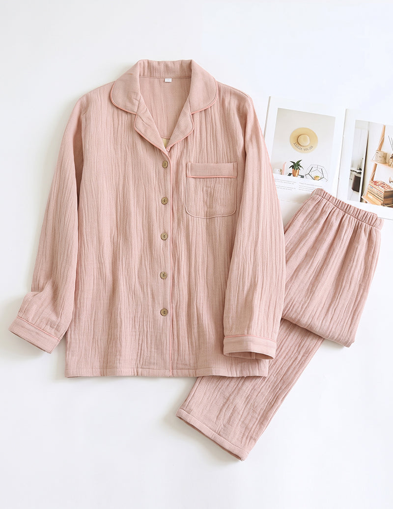 Pink cotton plaid gauze pajama set, long-sleeve button shirt and matching drawstring pants