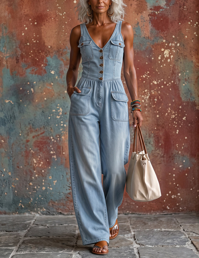 Light blue denim sleeveless V-neck jumpsuit with wide legs and side pockets
