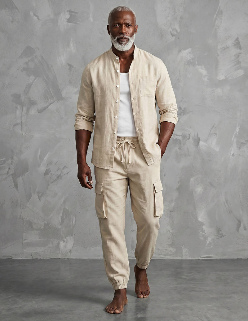 Men's Casual Linen Mandarin Collar Long Sleeve Shirt and Cargo Pants Two Piece Set