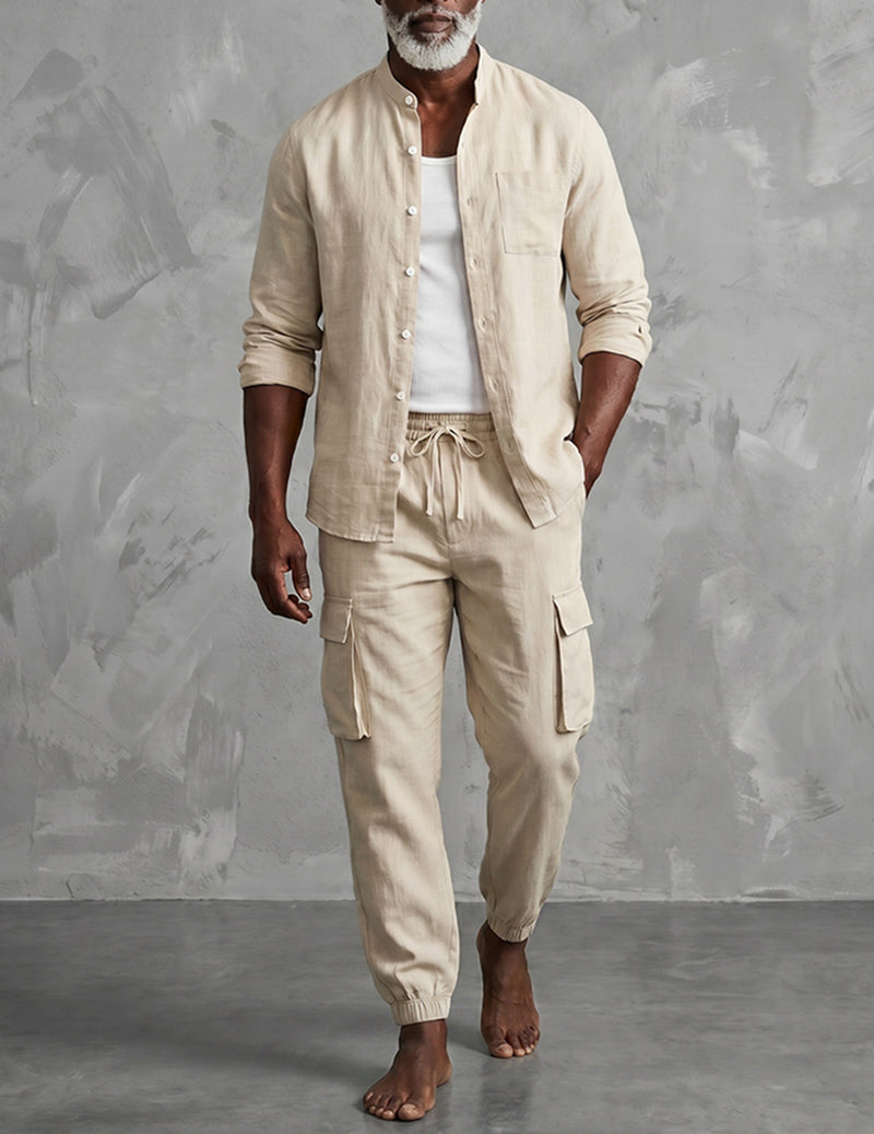 Men's Casual Linen Mandarin Collar Long Sleeve Shirt and Cargo Pants Two Piece Set