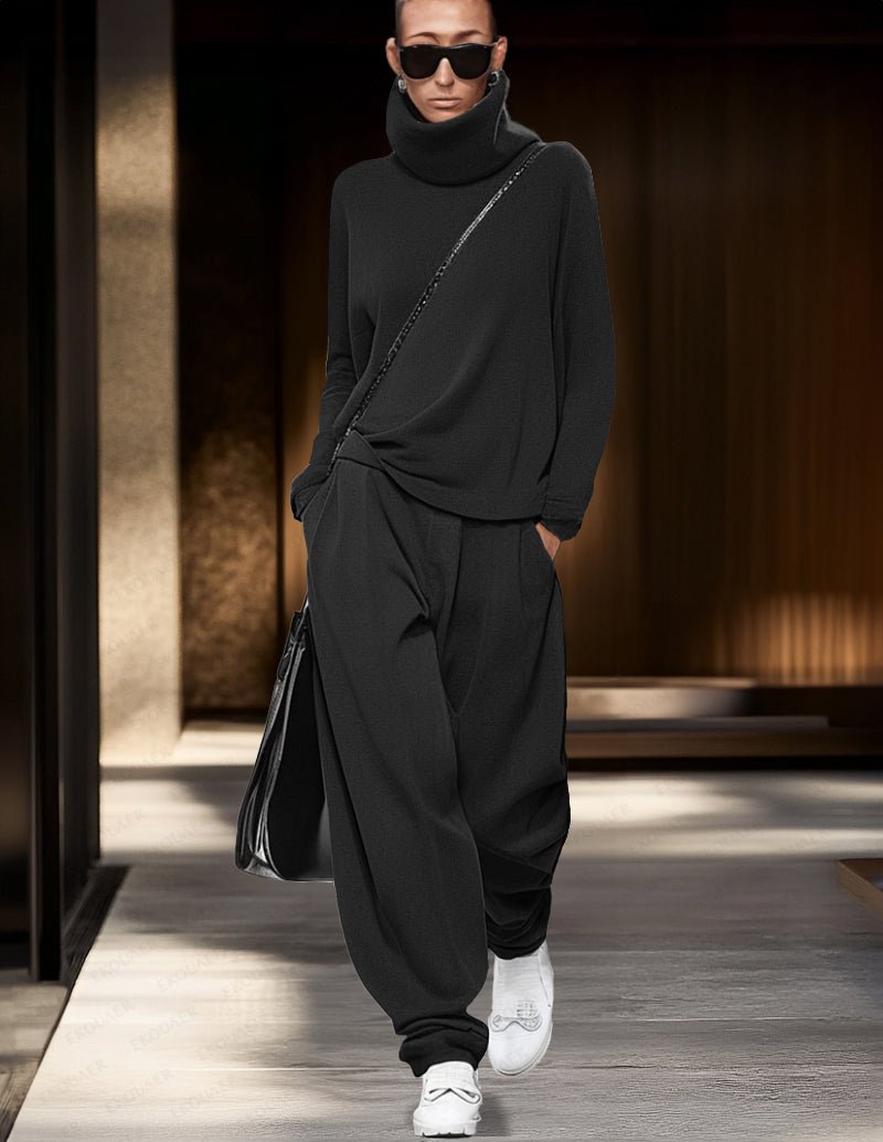Black 2-piece lounge set with turtleneck long-sleeve top and jogger pants.