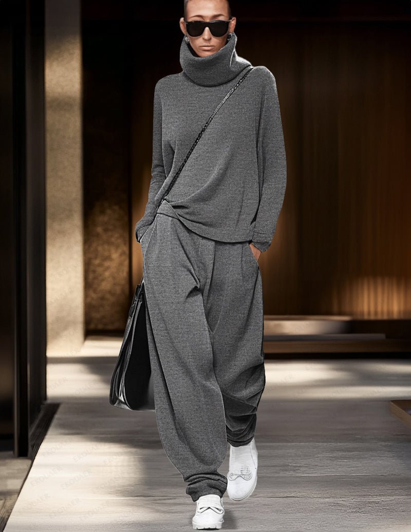 Grey 2-piece lounge set with turtleneck long-sleeve top and jogger pants.