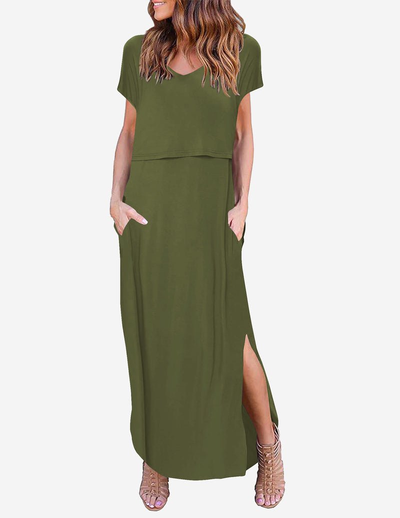 V-neck short-sleeve maternity maxi dress, army green, side slit