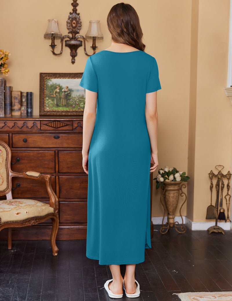 Back view of teal maternity maxi dress with V-neck and short sleeves