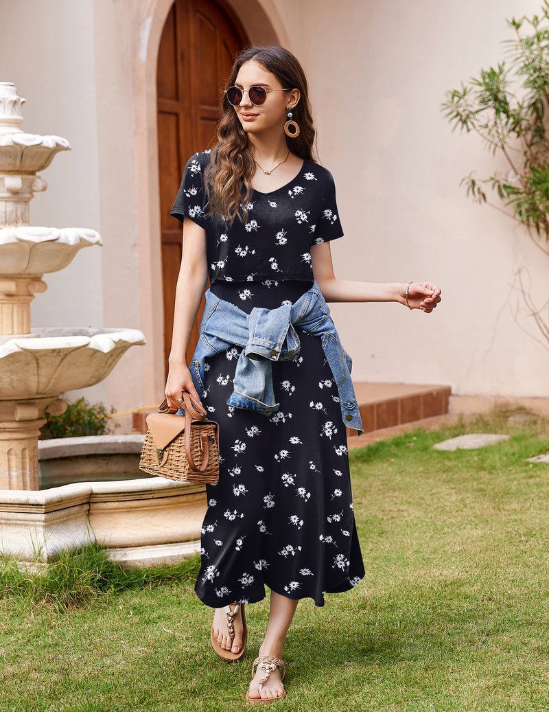 Umstands-Maxikleid mit V-Ausschnitt, Kurzarm, schwarzer Stoff mit weißem Blümchenprint