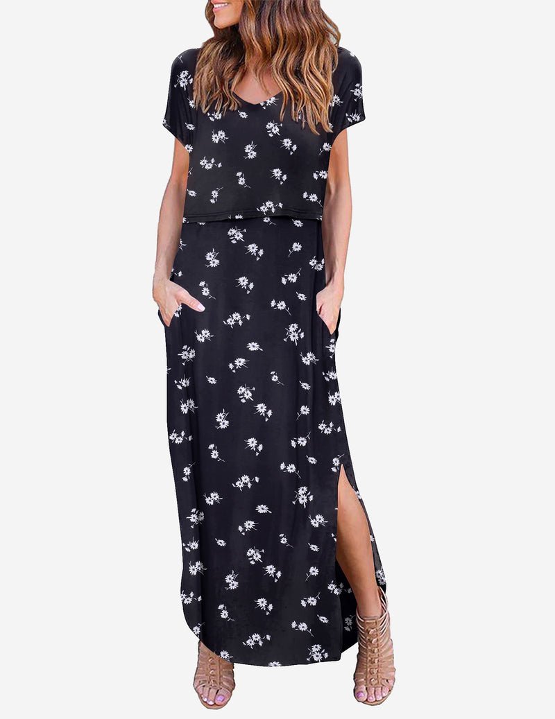 Umstands-Maxikleid mit V-Ausschnitt, Kurzarm, schwarzer Stoff mit weißem Blümchenprint