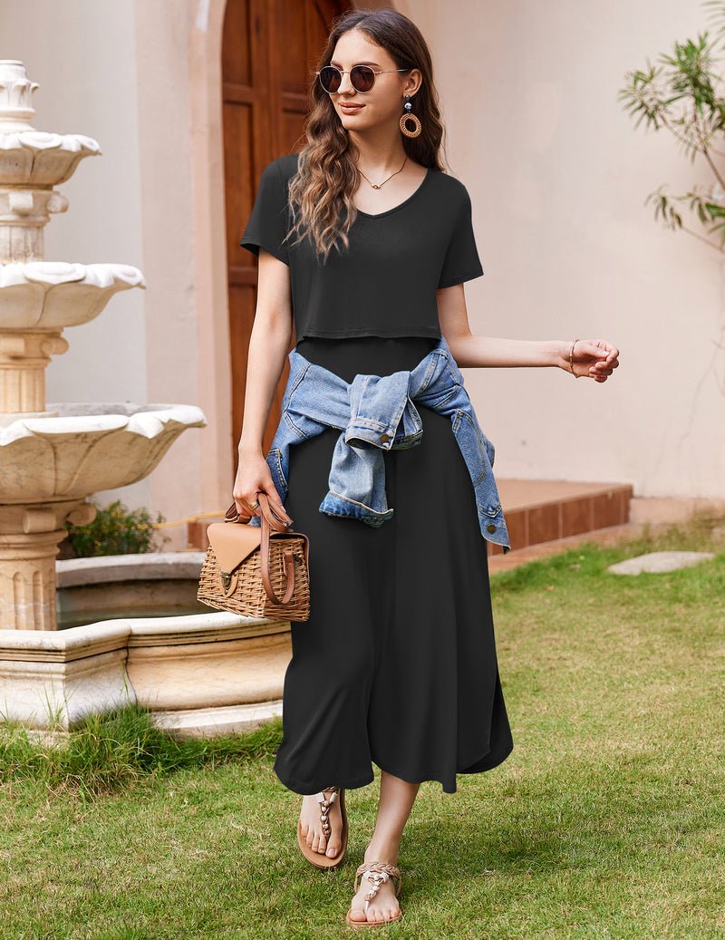 V-neck short-sleeve maternity maxi dress in black with side slit