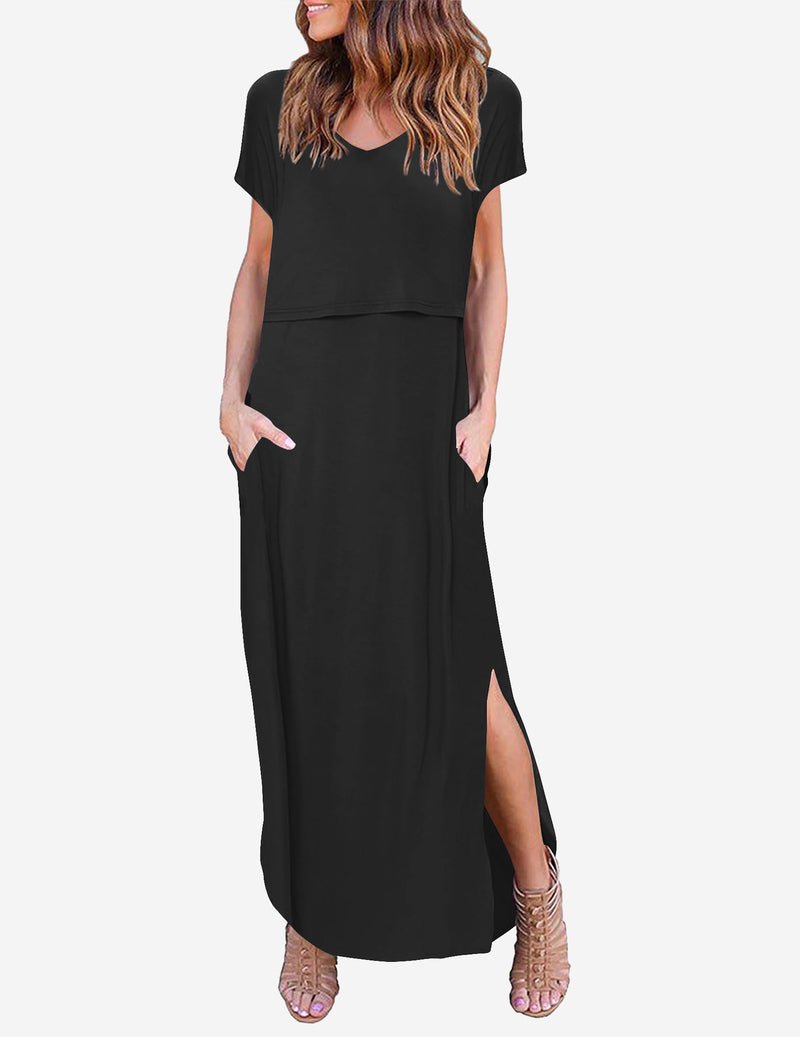 V-neck short-sleeve maternity maxi dress, black, front split hem