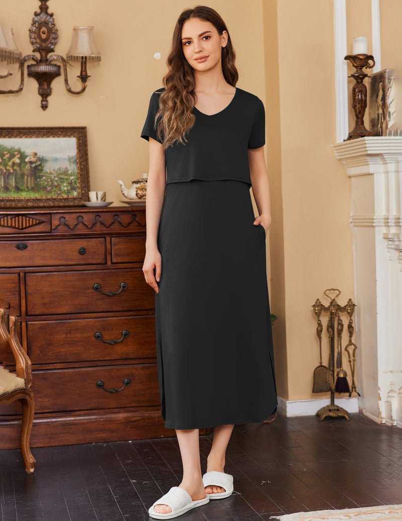 Black maternity split long dress with V-neck and short sleeves