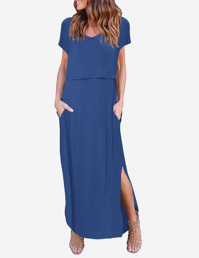 Dark blue maternity maxi dress with V-neck short sleeves and side slit
