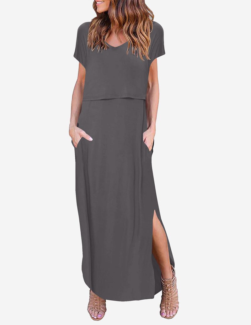 V-Ausschnitt Kurzarm Umstands-Maxikleid mit Taillenbund und seitlichem Schlitz, dunkelgrau